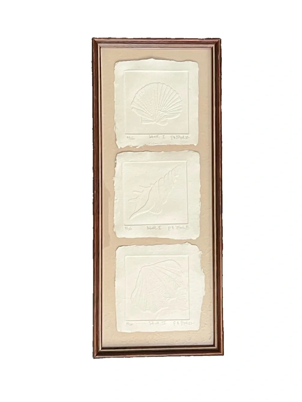 Vtg Embossed Shell Artwork Set of 3 Signed Numbered Frame Rare 1982 Costal Decor